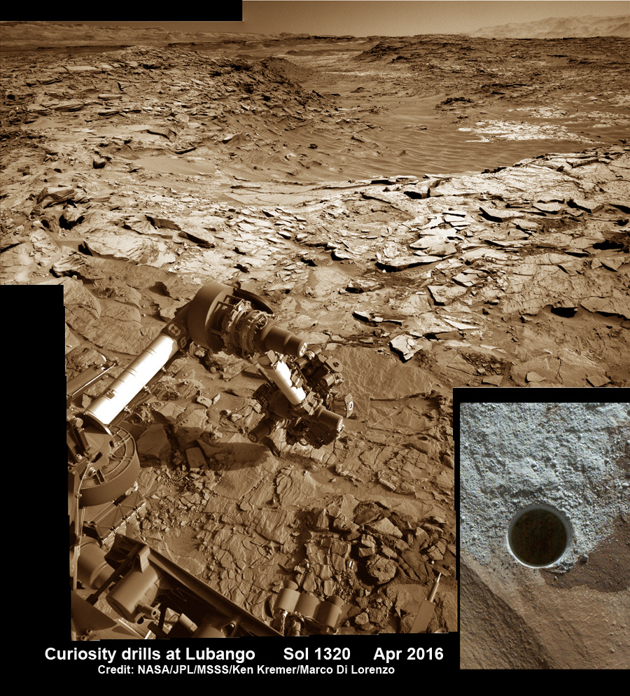 Curiosity rover reached out with robotic arm and drilled into ‘Lubango’ outcrop target on Sol 1320, Apr. 23, 2016, in this photo mosaic stitched from navcam  camera raw images and colorized.  Lubango is located in the Stimson unit on the lower slopes of Mount Sharp inside Gale Crater.  MAHLI camera inset image shows drill hole up close on Sol 1321.  Credit: NASA/JPL/Ken Kremer/kenkremer.com/Marco Di Lorenzo