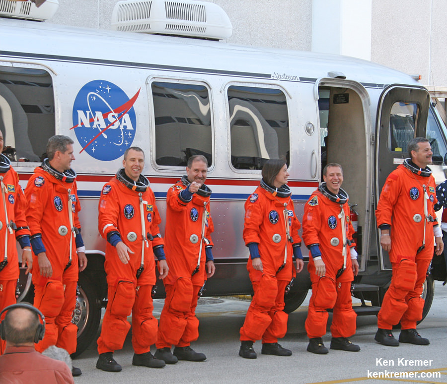 Crew of STS-125, including John Grunsfeld, center, during walkout to Astrovan ahead of launch on May 11, 2009, from the Kennedy Space Center in Florida on final mission to service NASA’s Hubble Space Telescope. Credit: Ken Kremer – kenkremer.com