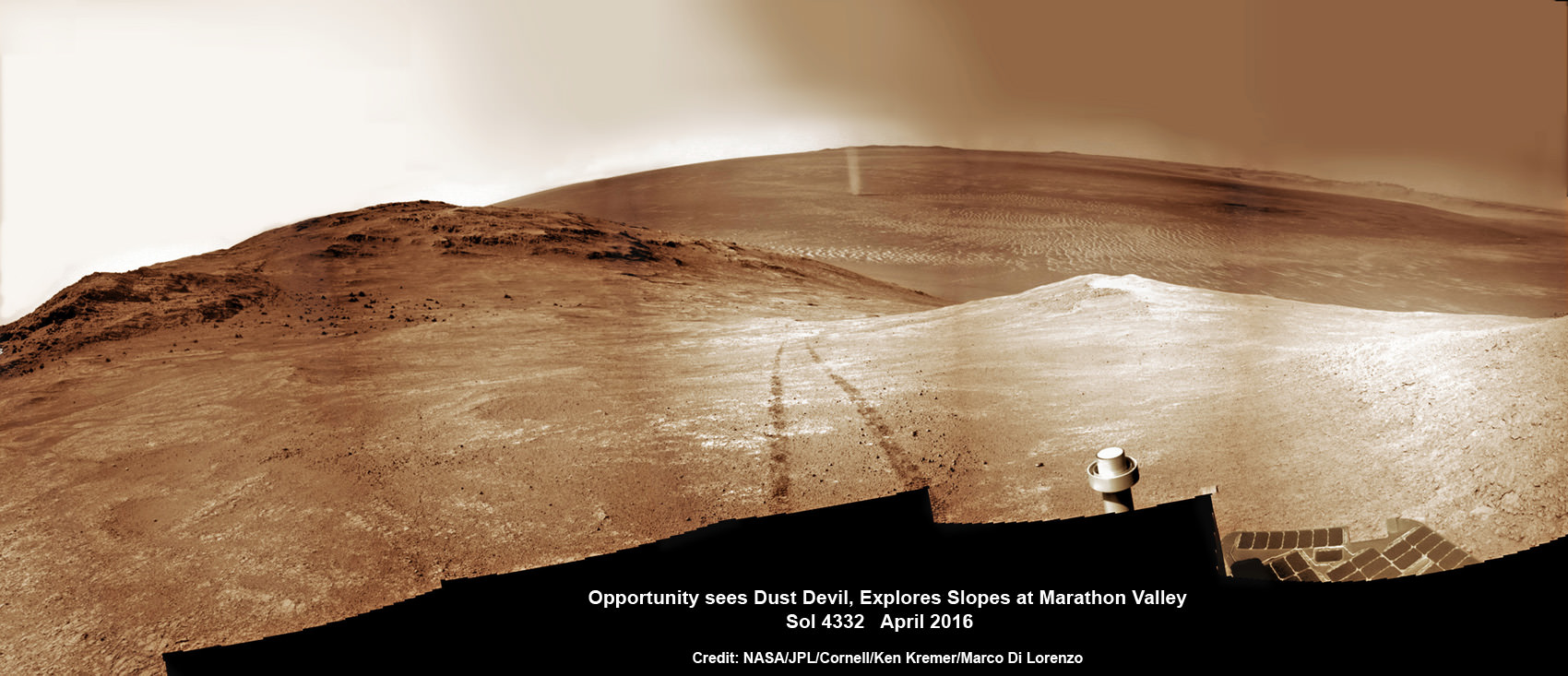NASA’s Opportunity rover discovers a beautiful Martian dust devil moving across the floor of Endeavour crater as wheel tracks show robots path today exploring the steepest ever slopes of the 13 year long mission, in search of water altered minerals at Knudsen Ridge inside Marathon Valley on 1 April 2016. This navcam camera photo mosaic was assembled from raw images taken on Sol 4332 (1 April 2016) and colorized.  Credit: NASA/JPL/Cornell/ Ken Kremer/kenkremer.com/Marco Di Lorenzo