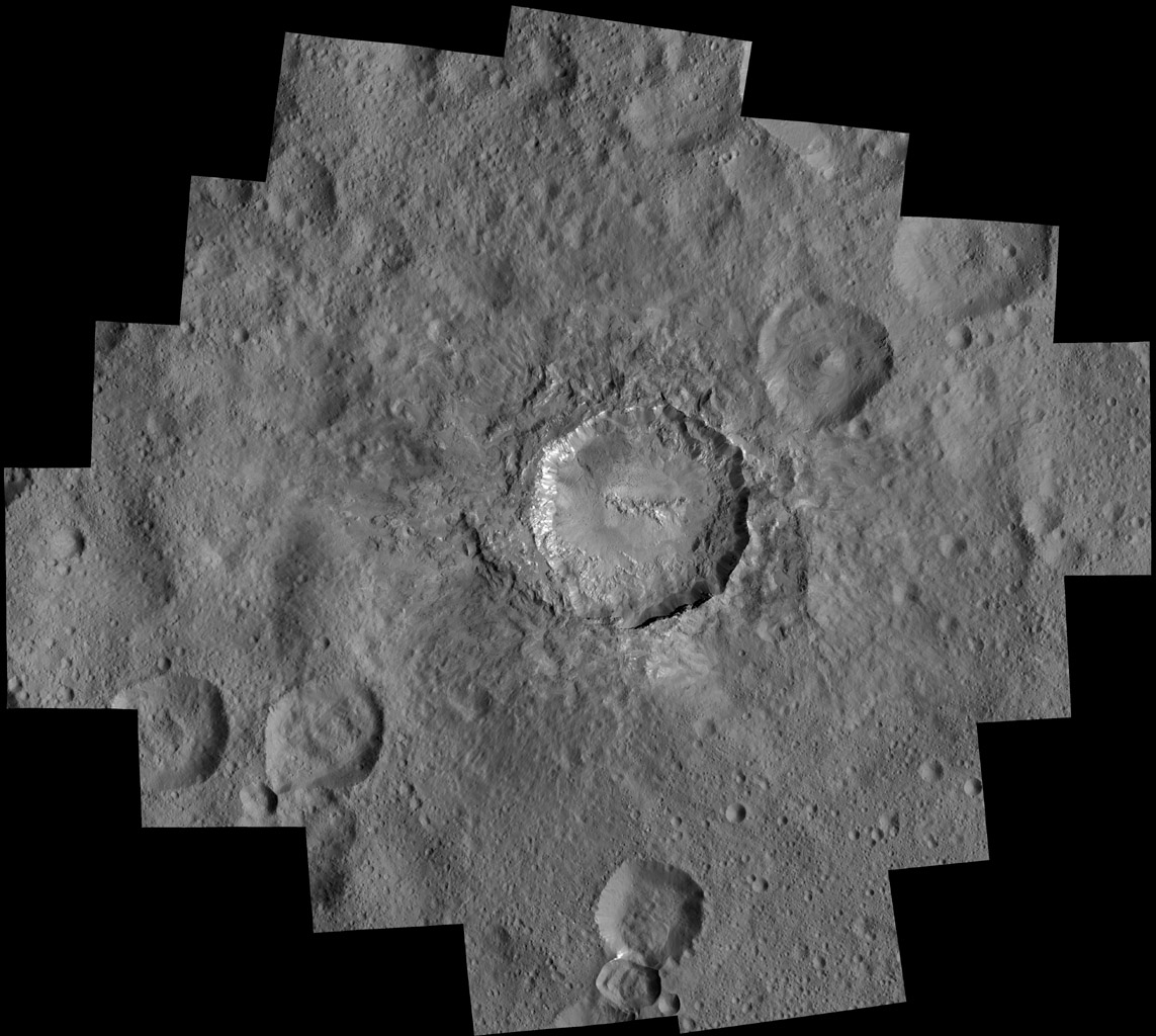 Haulani Crater at LAMO. NASA's Dawn spacecraft took this mosaic view of Haulani Crater at a distance of 240 miles (385 kilometers) from the surface of Ceres.  Credits: NASA/JPL-Caltech/UCLA/MPS/DLR/IDA/PSI