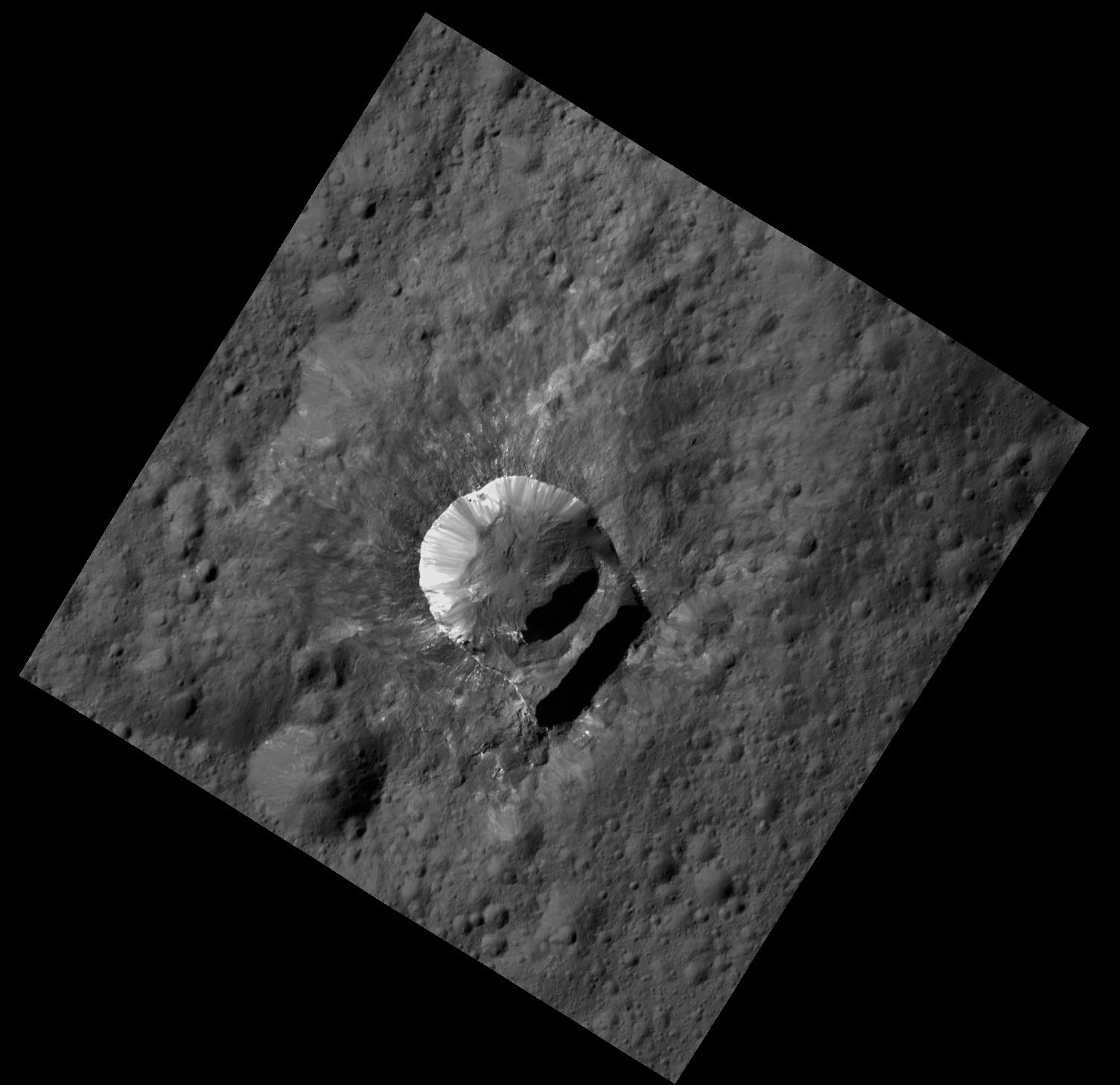 Oxo Crater on Ceres is unique because of the relatively large "slump" in its crater rim.  The 6-mile-wide (10-kilometer-wide) Oxo crater is the second-brightest feature on Ceres.  Credits: NASA/JPL-Caltech/UCLA/MPS/DLR/IDA/PSI