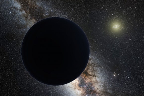 Artist's impression of Planet Nine as an ice giant eclipsing the central Milky Way, with a star-like Sun in the distance. Neptune's orbit is shown as a small ellipse around the Sun. The sky view and appearance are based on the conjectures of its co-proposer, Mike Brown.
