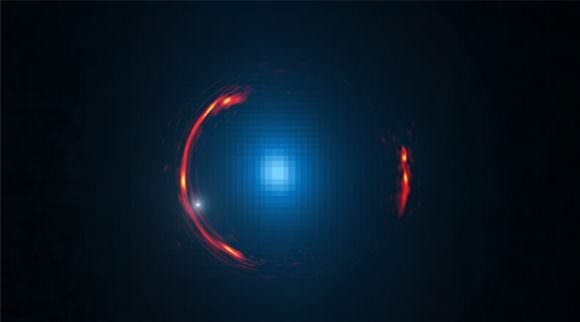The large blue light is a lensing galaxy in the foreground, called SDP81, and the red arcs are the distorted image of a more distant galaxy. By analyzing small distortions in the red, distant galaxy, astronomers have determined that a dwarf dark galaxy, represented by the white dot in the lower left, is companion to SDP81. The image is a composite from ALMA and the Hubble. Image: Y. Hezaveh, Stanford Univ./ALMA (NRAO/ESO/NAOJ)/NASA/ESA Hubble Space Telescope