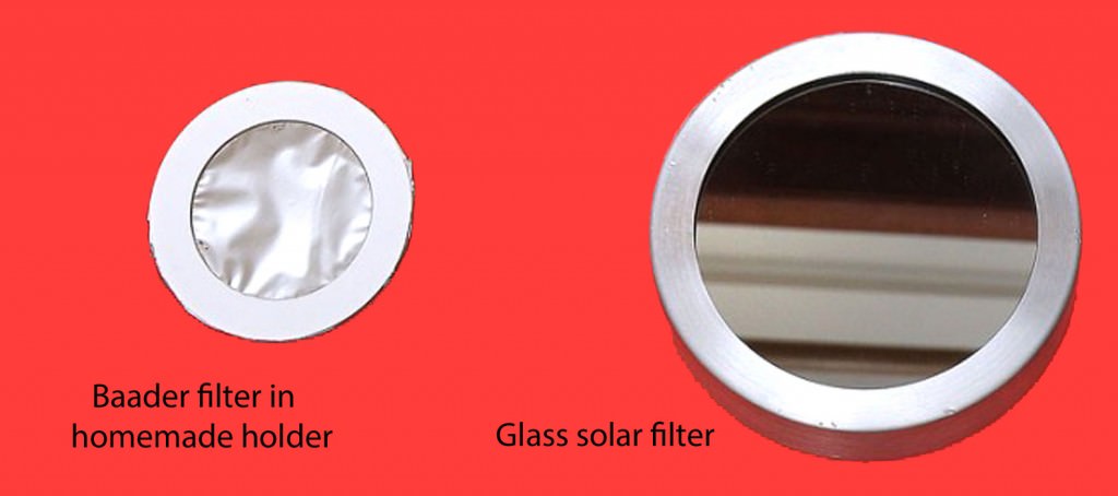 Two basic types of safe solar filters for telescopes: an aluminized polymer such as Baader film and a glass solar filter made for a particular make and model. Credit: Bob King