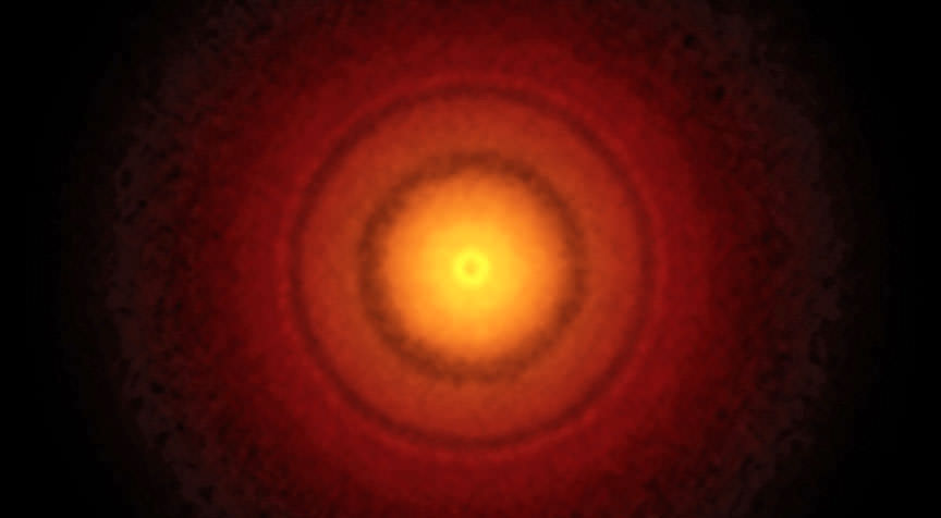 ALMA’s best image of a protoplanetary disk to date. This picture of the nearby young star TW Hydrae reveals the rings and gaps in young disks. Credit: S. Andrews (Harvard-Smithsonian CfA); B. Saxton (NRAO/AUI/NSF); ALMA (ESO/NAOJ/NRAO)