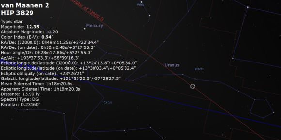 The location of Van Maanen's Star in the constellation Pisces. Image credit: Stellarium