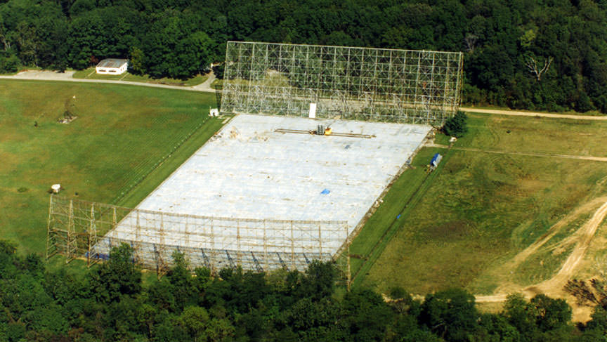 The Big Ear Observatory, on the grounds of Ohio Wesleyan University, operated from 1963-1998. It was part of Ohio State University's long-running Search for Extraterrestrial (SETI) program. The observatory was torn down in 1998 to make room for a golf course. Credit: Bigear.org / NAAPO