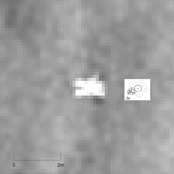 This is a zoomed in image of the Beagle 2 on Mars, with a to-scale sketch of the Beagle 2 super-imposed beside it. Credit: NASA/JPL-Caltech/Univ. of Arizona/Yu Tao et al/University College London/University of Leicester 