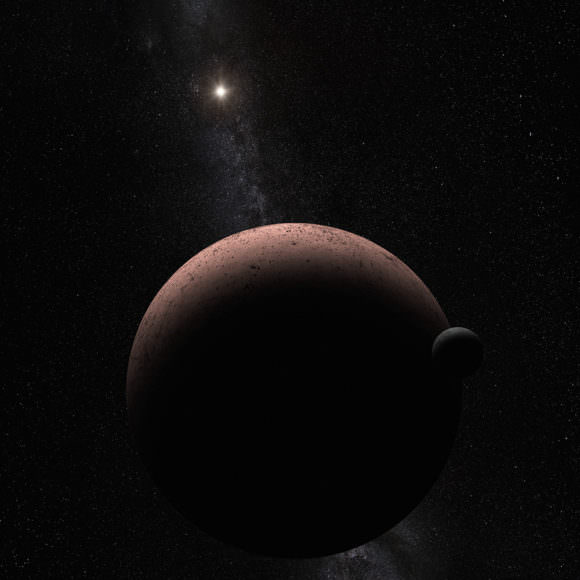 Artist impression of Makemake and its moon. Credit: NASA, ESA, and A. Parker (Southwest Research Institute).