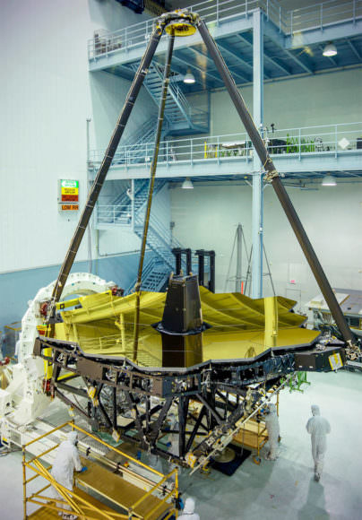 The James Webb Space Telescope in the clean room at the Goddard Space Flight Center. Image: NASA/Chris Gunn