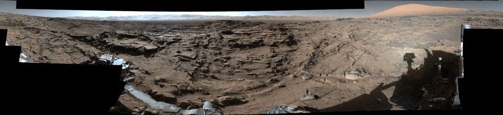 This mid-afternoon, 360-degree panorama was acquired by the Mast Camera (Mastcam) on NASA's Curiosity Mars rover on April 4, 2016, as part of long-term campaign to document the context and details of the geology and landforms along Curiosity's traverse since landing in August 2012.  Credit: NASA/JPL-Caltech/MSSS
