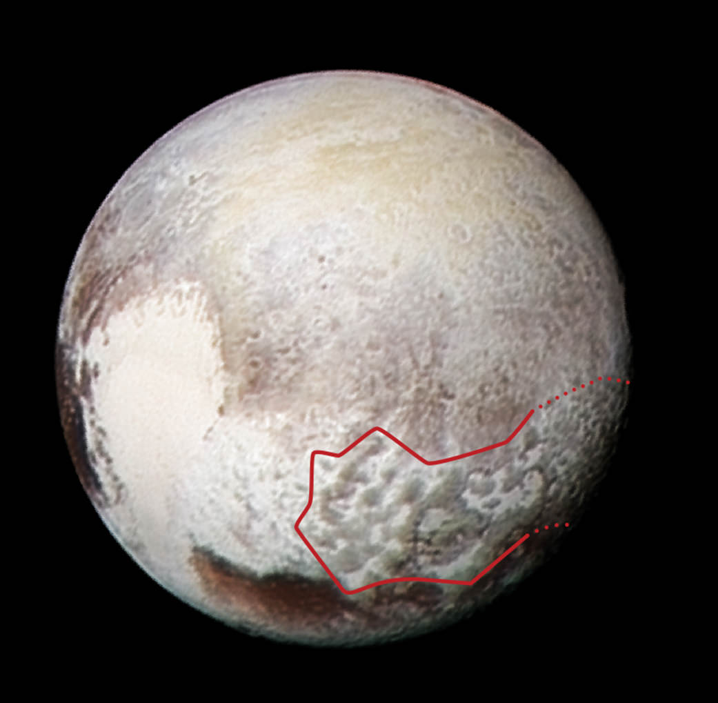 This global view of Pluto combines a Ralph/Multispectral Visible Imaging Camera (MVIC) color scan and an image from the Long Range Reconnaissance Imager (LORRI), both obtained on July 13, 2015 – the day before New Horizons’ closest approach. The red outline marks the large area of mysterious, bladed terrain extending from the eastern section of the large feature informally named Tombaugh Regio.  Credits: NASA/JHUAPL/SwRI 