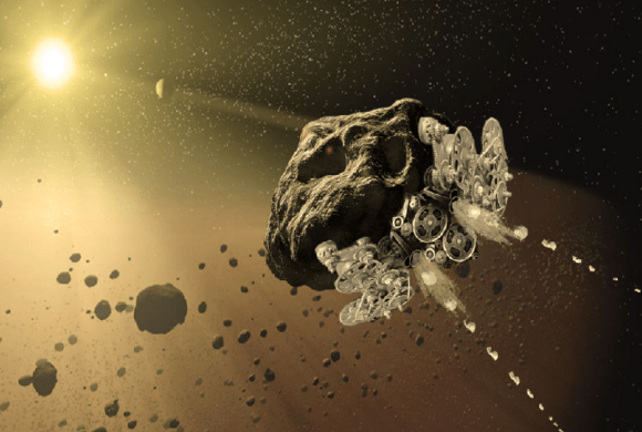 Artists depiction of an asteroid being reconstituted into a mechanical automata. Credit: NASA/Made In Space Inc.