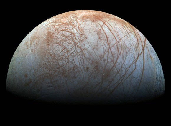 Europa's cracked, icy surface imaged by NASA's Galileo spacecraft in 1998. Credit: NASA/JPL-Caltech/SETI Institute.
