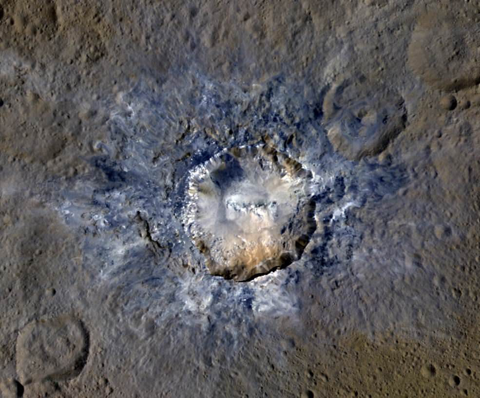 Ceres' Haulani Crater, with a diameter of 21 miles (34 kilometers), shows evidence of landslides from its crater rim.  Credits: NASA/JPL-Caltech/UCLA/MPS/DLR/IDA