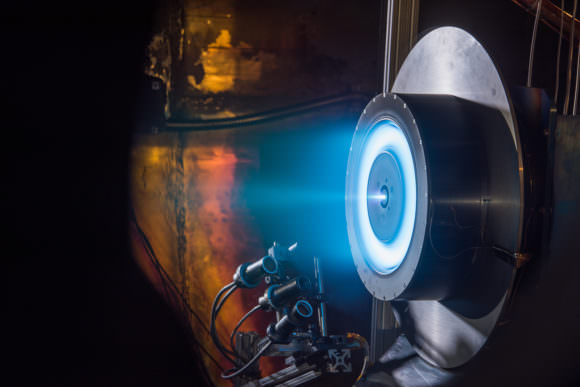 This prototype 13-kilowatt Hall thruster was tested at NASA's Glenn Research Center in Cleveland and will be used by industry to develop high-power solar electric propulsion into a flight-qualified system. Credits: NASA