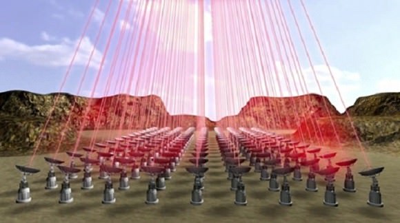 A phased laser array, perhaps in the high desert of Chile, propels sails on their journey. Credit: Breakthrough Initiatives.