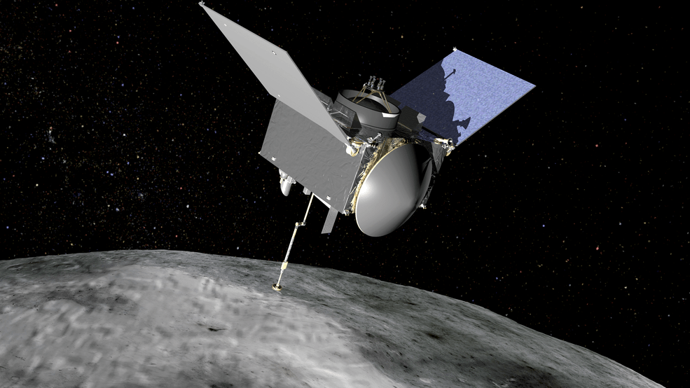 Artist’s conception of NASA’s OSIRIS-REx spacecraft at Bennu.  Credits: NASA/GSFC