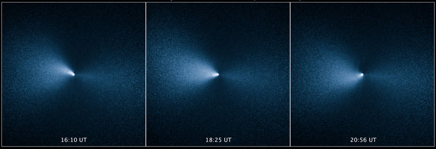 These photos, taken on April 4, 2016 over the span of 4 1/2 hours, reveal a narrow, well-defined jet of dust ejected by the comet's icy nucleus. With a diameter of only about a mile, the nucleus is too small for Hubble to see. The jet is illuminated by sunlight and changes direction like the hour hand on a clock as the comet spins on its axis. Credit: NASA, ESA, and J.-Y. Li (Planetary Science Institute)