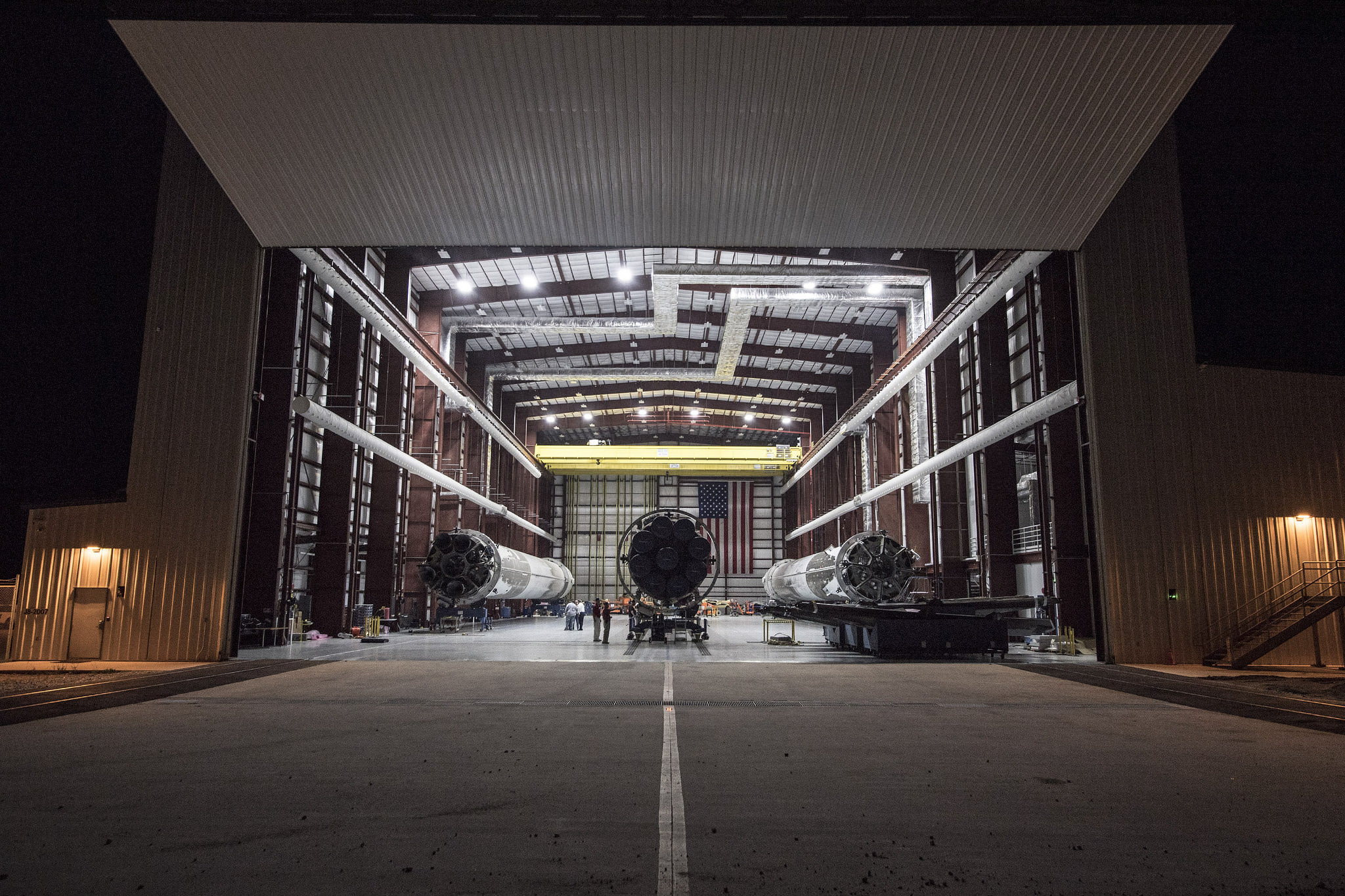 3 landed SpaceX rockets in hangar at pad 39A at the Kennedy Space Center, Florida.  Credit: SpaceX