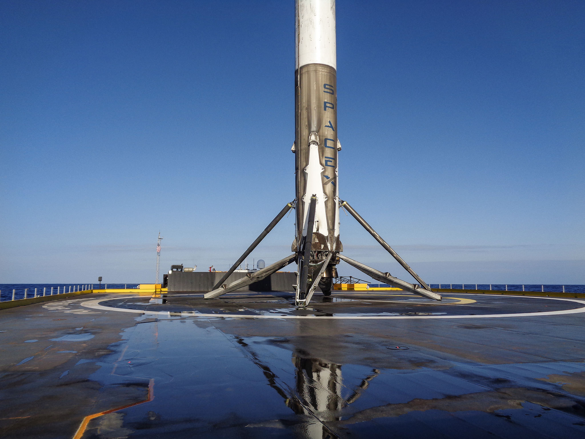 Recovered Falcon 9 first stage after drone ship landing following SpaceX launch of JCSAT-14 on May 6, 2016 from from Space Launch Complex 40 at Cape Canaveral Air Force Station, Fl.  Credit: SpaceX 