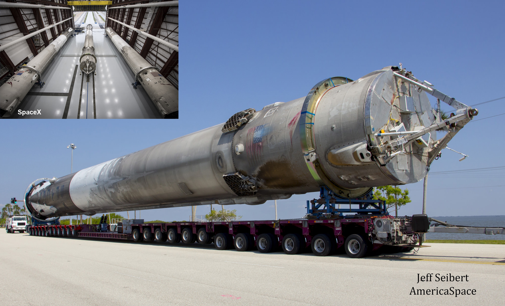 Composite image of first stage booster from SpaceX JCSAT-14 launch was transported horizontally to SpaceX hangar at pad 39A at the Kennedy Space Center, Florida on May 16, 2016. Credit: Jeff Seibert/AmericaSpace.  Inset: Trio of SpaceX boosters inside pad 39A hangar. Credit: SpaceX.  Composite:  Ken Kremer 