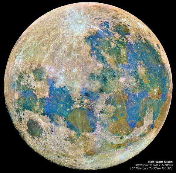 I see some blue in there... the Full Moon, enhanced to bring out subtle color. Image credit and copyright: Rolf Wahl Olsen