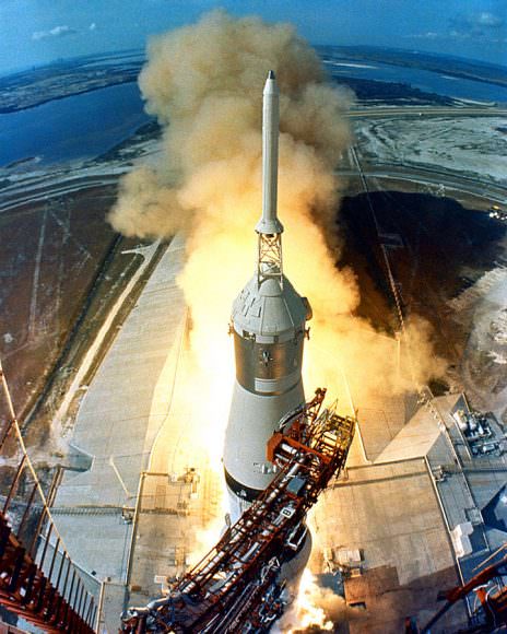 A Saturn IV launching the historic Apollo 11 mission. Image: NASA/Michael Vuijlsteke. Public Domain image.