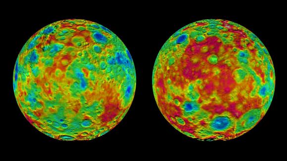 Topographic Maps of Ceres' East and West Hemispheres, taken by the Dawn mission. Credit: NASA/JPL