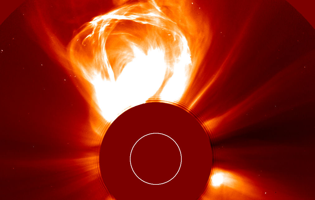 A colossal CME departs the Sun in February 2000. erupting filament lifted off the active solar surface and blasted this enormous bubble of magnetic plasma into space. Credit NASA/ESA/SOHO