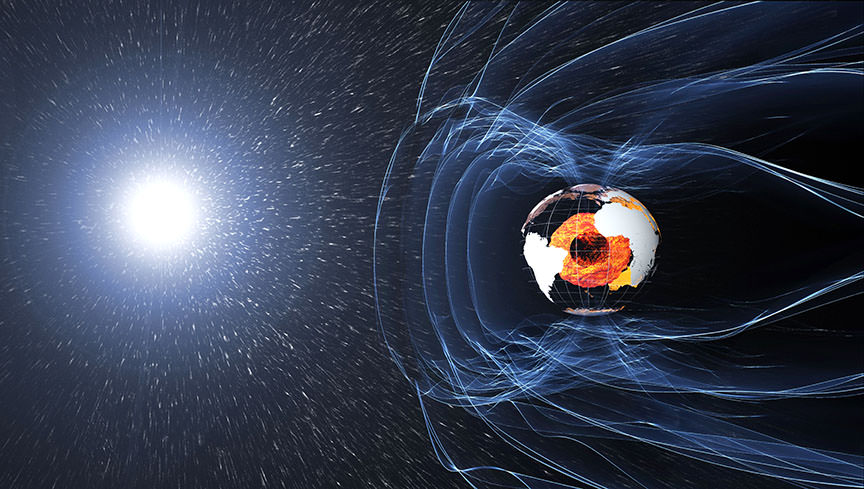 The magnetic field and electric currents in and around Earth generate complex forces that have immeasurable impact on every day life. The field can be thought of as a huge bubble, protecting us from cosmic radiation and charged particles that bombard Earth in solar winds. It’s shaped by winds of particles blowing from the sun called the solar wind, the reason it’s flattened on the “sun-side” and swept out into a long tail on the opposite side of the Earth. Credit: ESA/ATG medialab