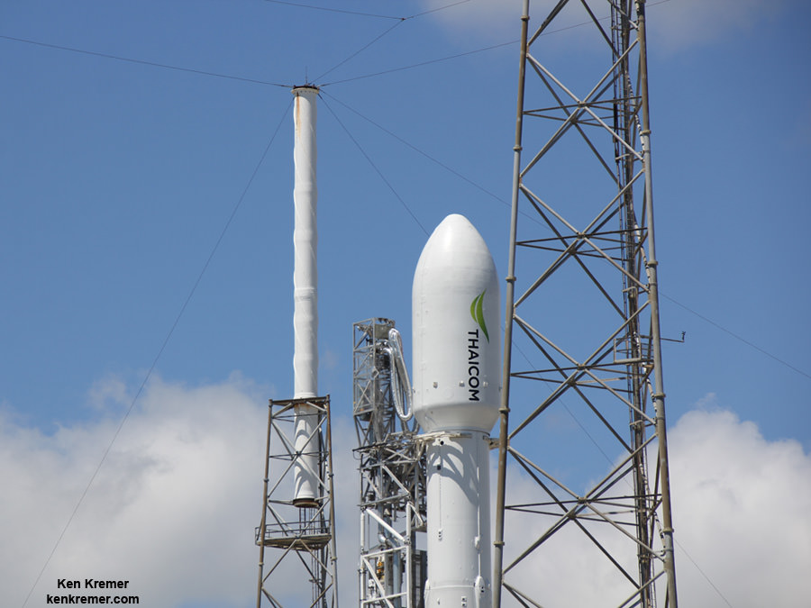Up close view of payload fairing of SpaceX Falcon 9 rocket delivering Thaicom-8 communications satellite on May 27, 2016 from Space Launch Complex 40 at Cape Canaveral Air Force Station, FL. Credit: Ken Kremer/kenkremer.com