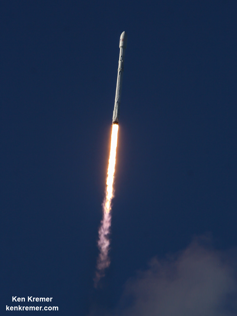 SpaceX Falcon 9 aloft with Thaicom-8 communications satellite after afternoon liftoff from Space Launch Complex 40 at Cape Canaveral Air Force Station, FL on May 27, 2016.  Credit: Ken Kremer/kenkremer.com