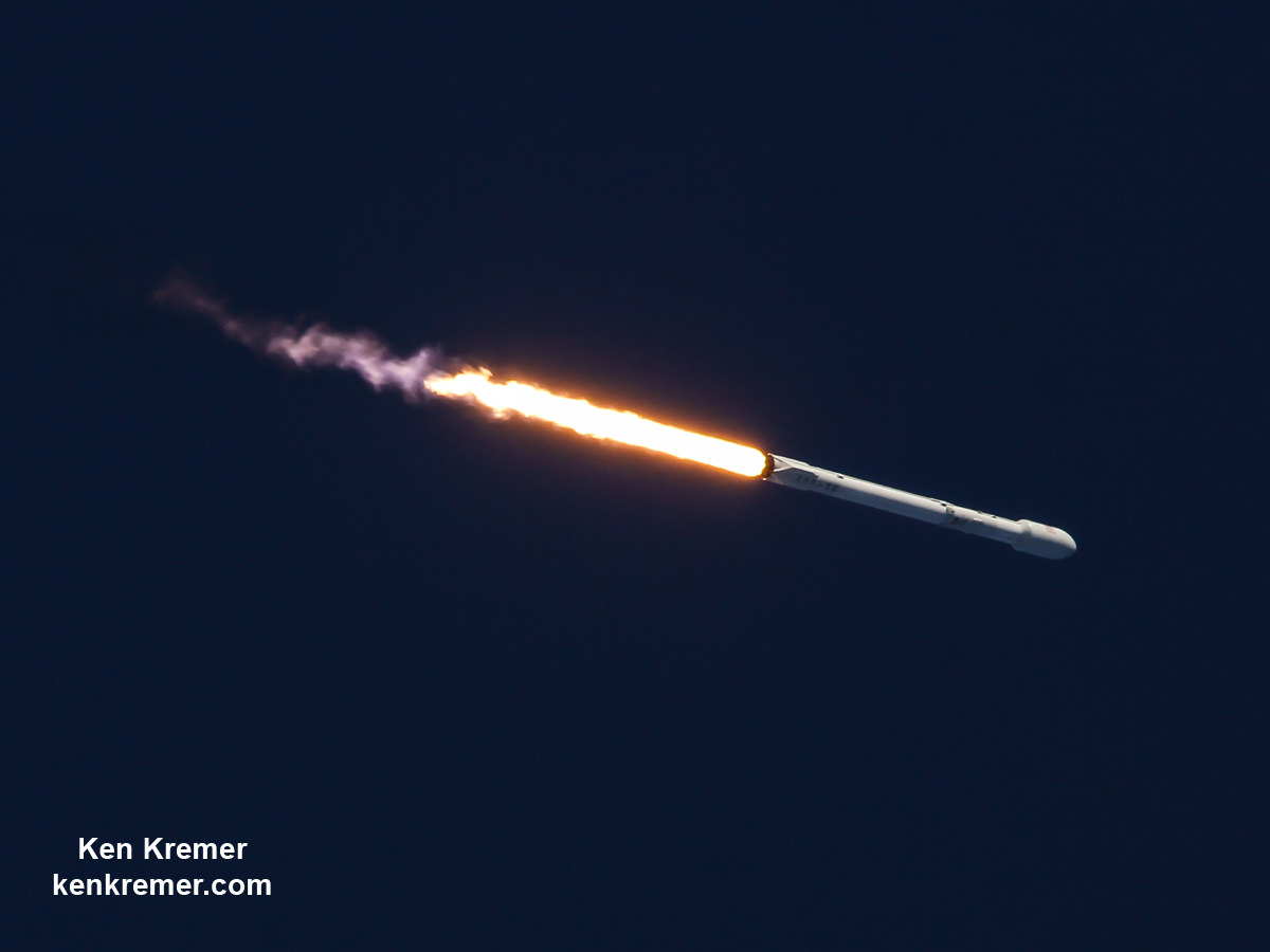 SpaceX Falcon 9 arcs over eastwards with Thaicom-8 communications satellite after liftoff from Space Launch Complex 40 at Cape Canaveral Air Force Station, FL on May 27, 2016.  Credit: Ken Kremer/kenkremer.com 