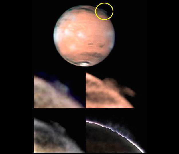 Copyright: W. Jaeschke and D. Parker The top image shows the location of the mysterious plume on Mars, identified within the yellow circle (top image, south is up), along with different views of the changing plume morphology taken by W. Jaeschke and D. Parker on 21 March 21 2012. 