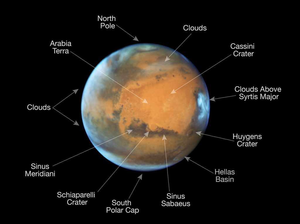 This image shows our neighbouring planet Mars, as it was observed shortly before opposition in 2016 by the NASA/ESA Hubble Space Telescope. Some prominent features on the surface of the planet have been annotated.