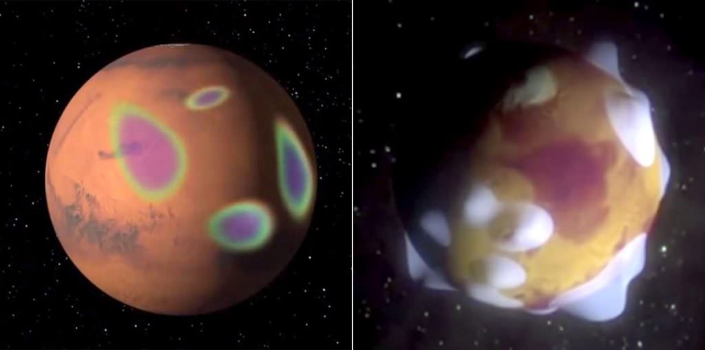 Mars has magnetized rocks in its crust that create localized, patchy magnetic fields (left). In the illustration at right, we see how those fields extend into space above the rocks. At their tops, auroras can form. Credit: NASA