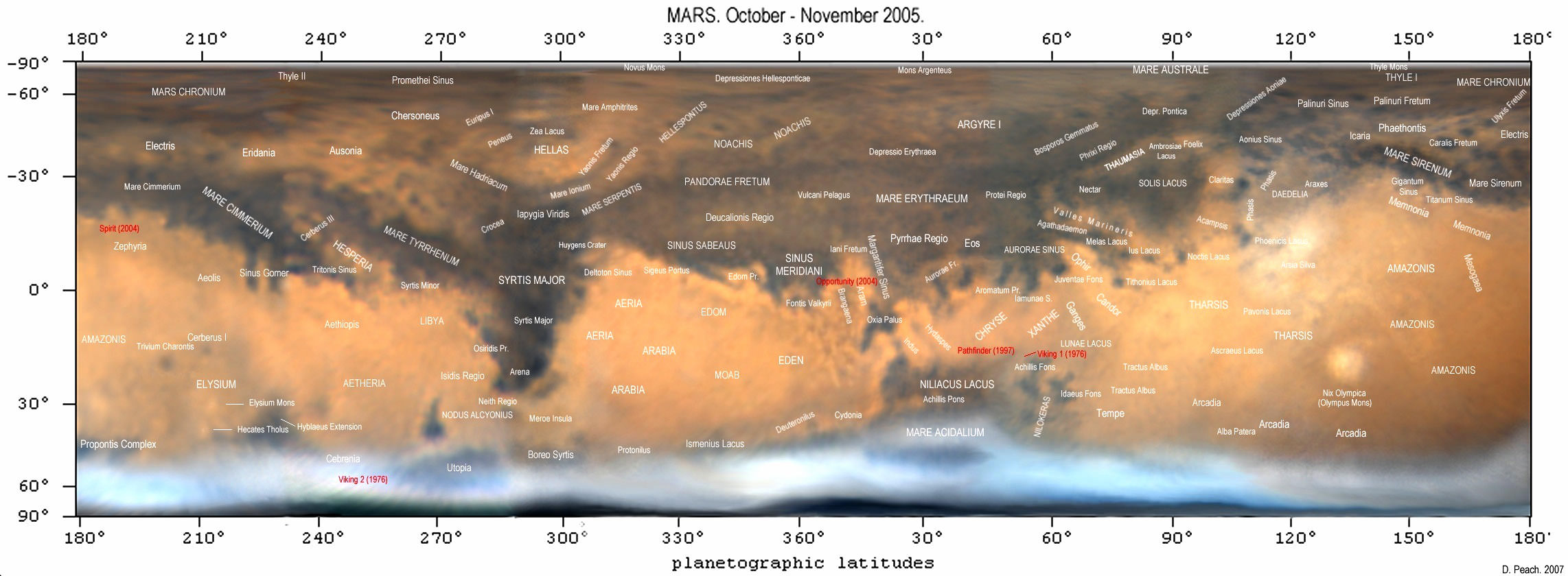 Expert imager Damian Peach created this photographic map of Mars labeled with its most prominent features visible in amateur telescopes. Click for a larger version. Credit: Damian Peach