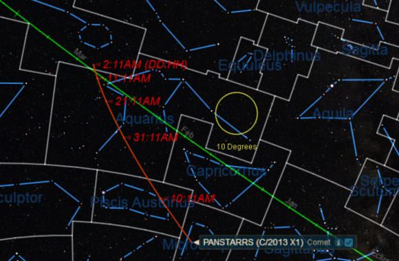 The celestial path of Comet C/2013 X1 PanSTARRS from May 3 to June 15th. Image credit: Starry night Education Software. 