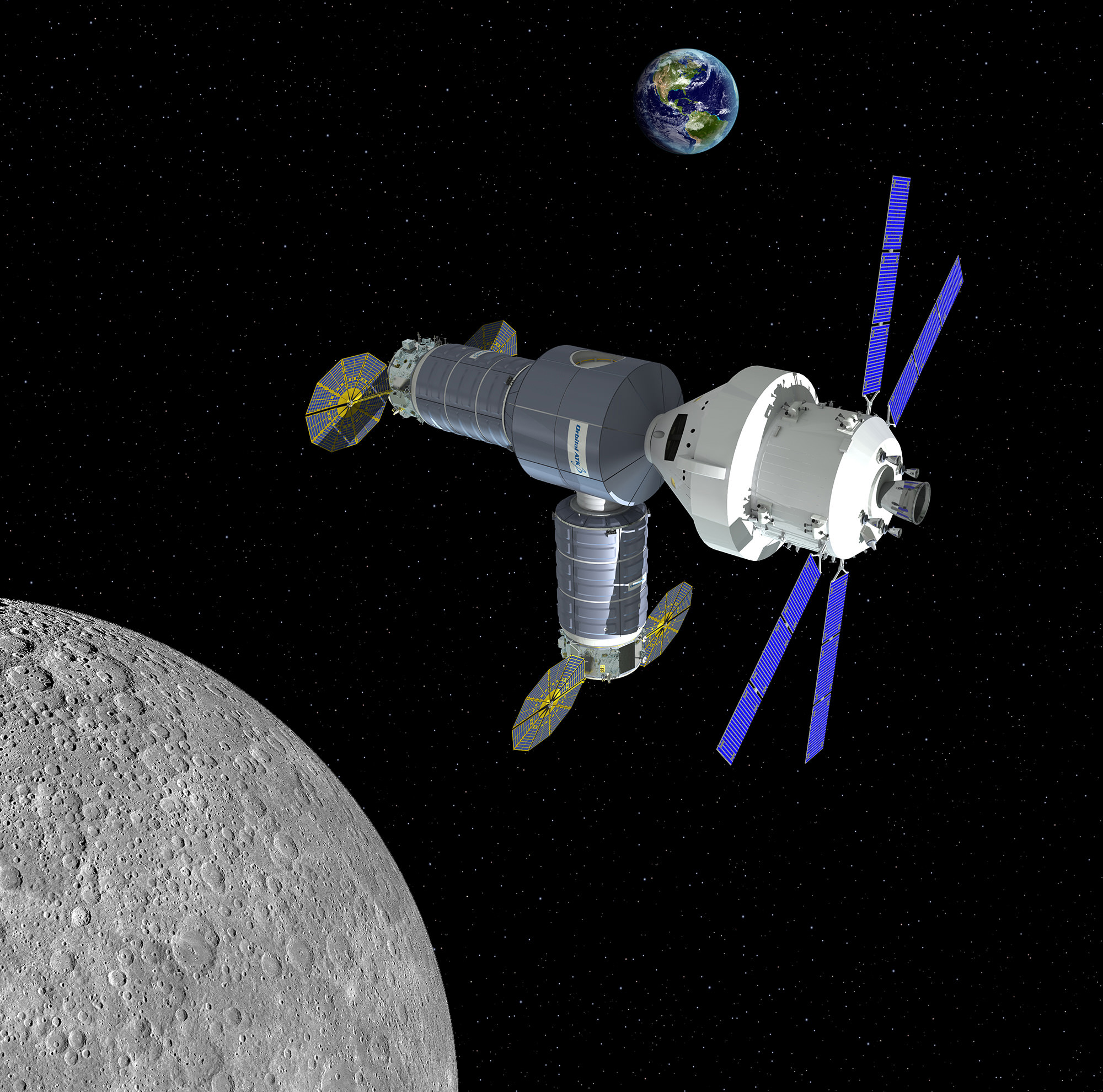 Artist rendering of Orbital ATK concept for an initial lunar habitat outpost, as it would appear with NASA’s Orion spacecraft in 2021. Credit: Orbital ATK 