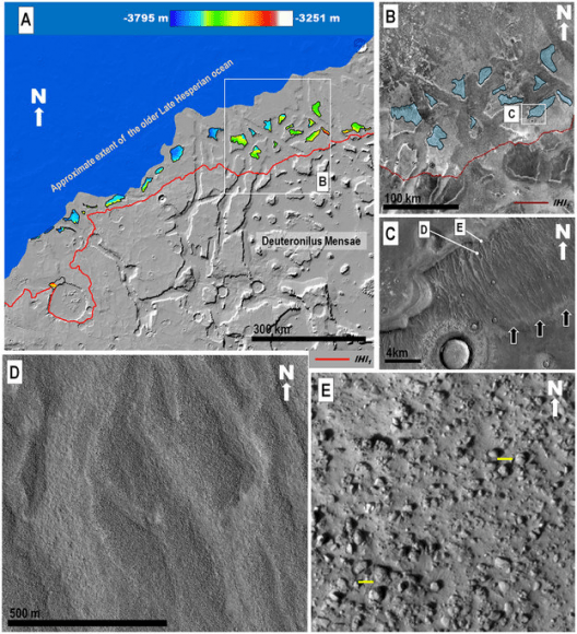 A sequence of zoomed in images of the Martian surface in the study. A shows distances and elevations of backwash channels. B shows some of the channel-scoured, north-sloping highland mesas in blue. C shows the channelled surface, and D shows them in closer detail. Finally, E is zoomed in to show boulders as much as 10 m. in diameter. (Yellow bars are 10m.) Image: A,B:MOLA Science Team, MSS, JPL, NASA. C,D,E:  NASA/JPL/University of Arizona