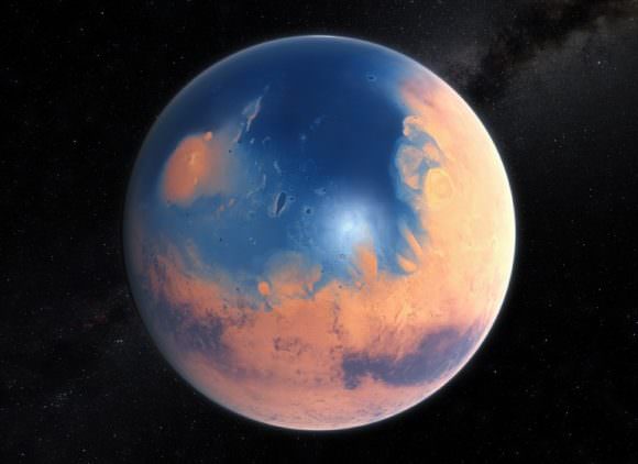 An artist's impression of the ancient Martian ocean. When two meteors slammed into Mars 3.4 billion years ago, they triggered massive, 400 ft. tsunamis that reshaped the coastline. Image: ESO/M. Kornmesser, via N. Risinger