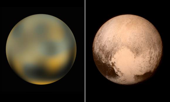 Our evolving understanding of Pluto, represented by images taken by Hubble in 2002-3 (left), and images taken by New Horizons in 2015 (right). Credit: theguardian.com