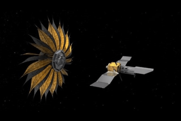 An artist's illustration of the Starshade deployed near its companion telescope. Image: NASA