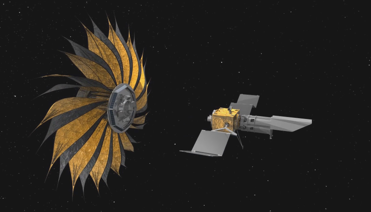 Artist's concept of the prototype starshade, a giant structure designed to block the glare of stars so that future space telescopes can take pictures of planets. Credit: NASA/JPL