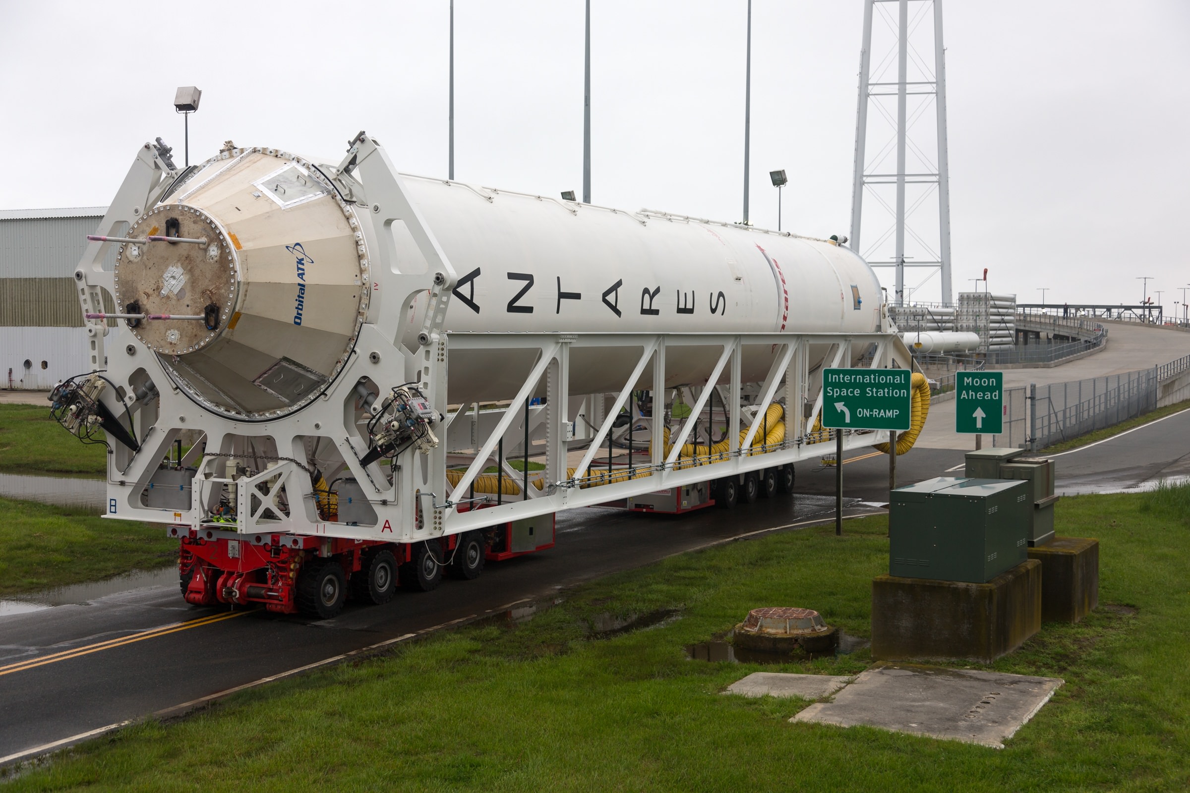 Orbital ATK’s Antares first stage with the new engines is rolled from NASA Wallops Flight Facility’s Horizontal Integration Facility to Virginia Space’s Mid-Atlantic Regional Spaceport Pad-0A on May 12, 2016, in preparation for the upcoming stage test in the next few weeks.   Credit: NASA's Wallops Flight Facility/Allison Stancil