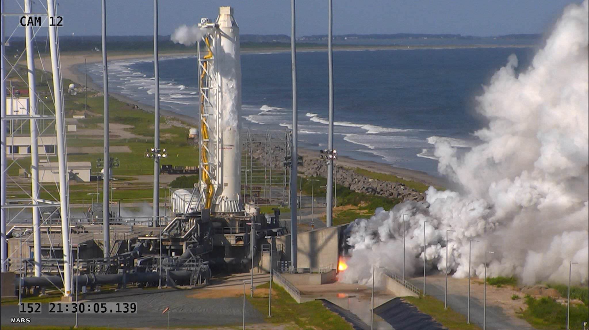 Orbital ATK conducted a full-power test of the upgraded first stage propulsion system of its Antares rocket on May 31, 2016 at Virginia Space’s Mid-Atlantic Regional Spaceport (MARS) Pad 0A.  Credit: NASA/Orbital ATK