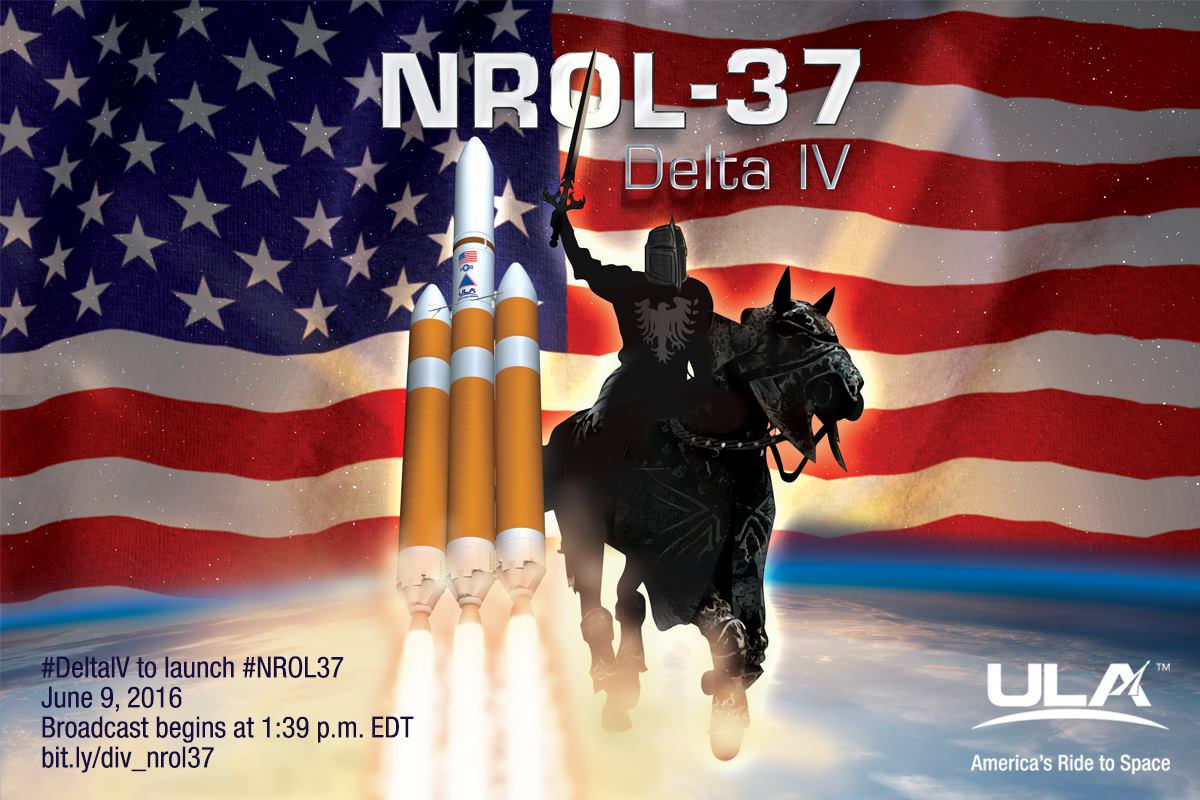 The June 9 launch of the ULA Delta 4 Heavy carrying the classified NROL-37 spy satellite is planned for 1:59 p.m.  EDT.  Broadcast starts at 1:39 p.m. EDT  Watch the live webcast:  http://bit.ly/div_nrol37     
