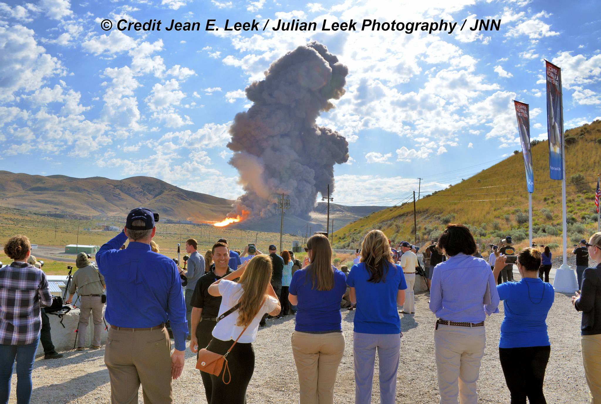 Thrilled spectators witness the Qualification Motor-2 (QM-2) test firing on June 28, 2016 at Orbital ATK test facilities in Promontory, Utah.  Credit: Jean Leek