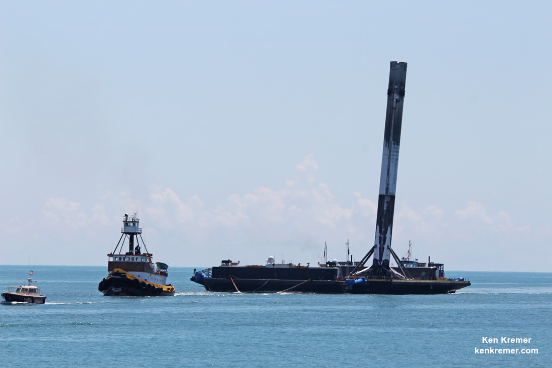 SpaceX Falcon 9 booster from Thaicom-8 launch on May 27, 2016 arrives at mouth of Port Canaveral, FL on June 2, 2016.  Credit: Ken Kremer/kenkremer.com